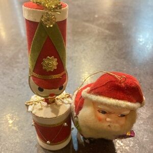 Set of two Vintage Flocked Christmas Ornaments Santa and Toy Soldier